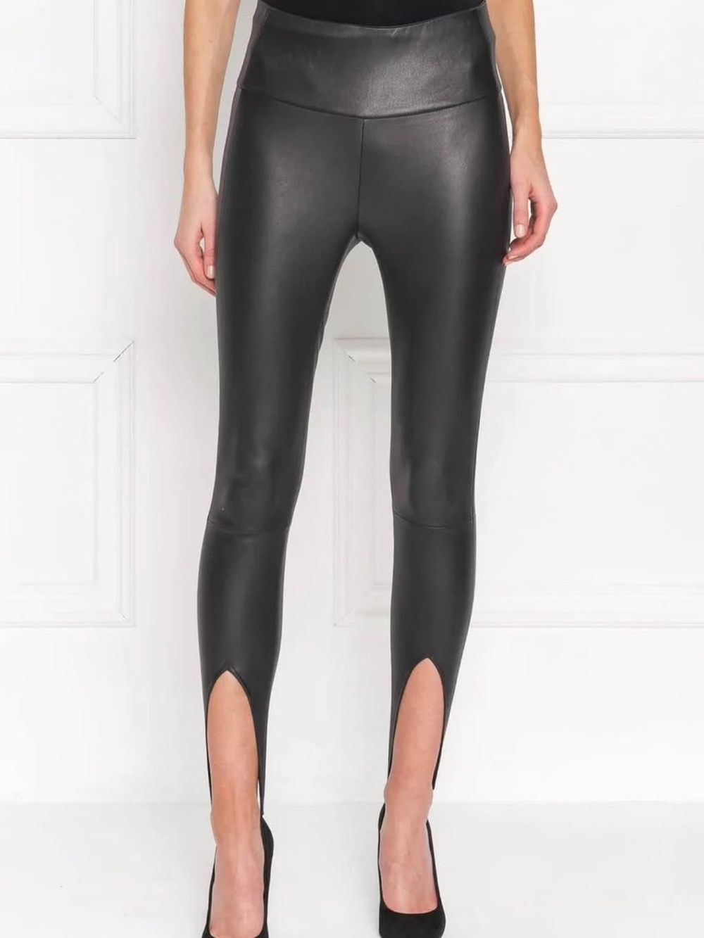 Lamarque Black Faux Leather High-Rise Leggings with Front Ankle Slits